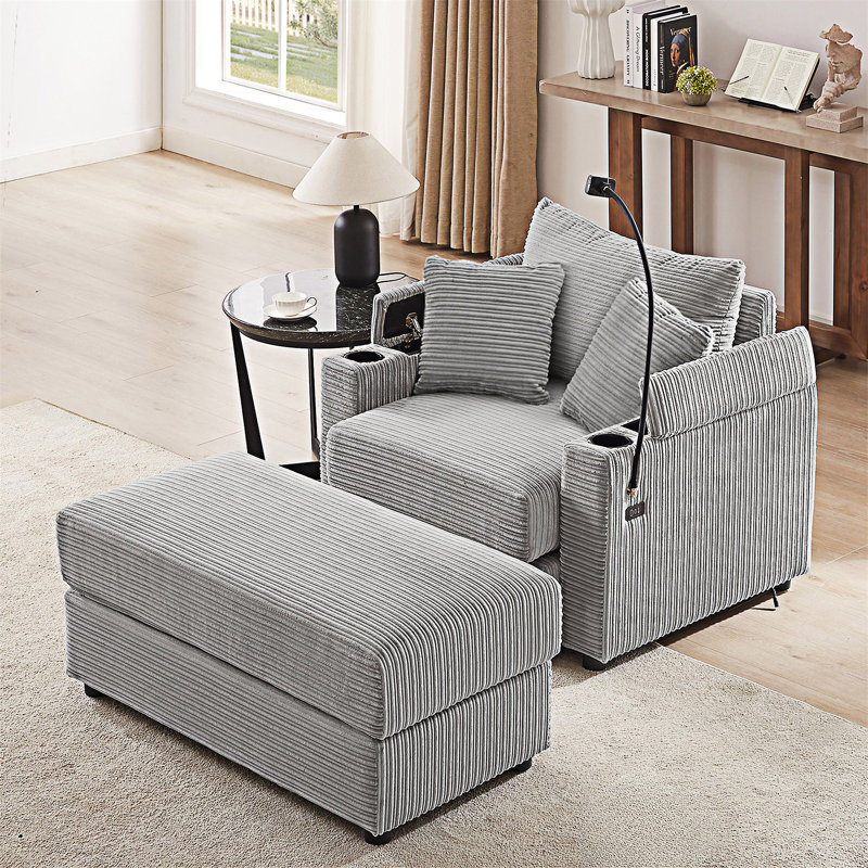 Canapé simple avec repose-pieds mobile, deux ports USB et support pour téléphone, Gris