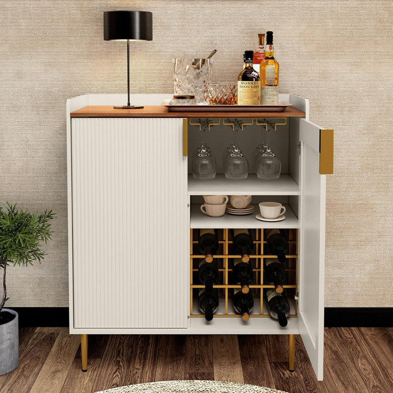Sideboard Buffet Cabinet with Fluted Texture, Modern Coffee Bar Cabinet with Wine Rack&Drawers, White