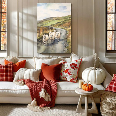 1 pièce encadrée de peinture pastorale Almaraz, un chemin de moutons, à l'aquarelle à main levée. Affiche murale décorative rétro pour la décoration intérieure, œuvre d'art moderne parfaite pour les chambres et les salons