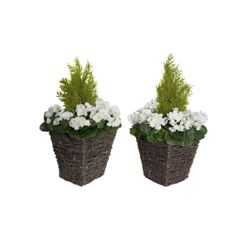 2x Artificial Rattan Patio Planters with Geraniums and Cedar Topiary, White
