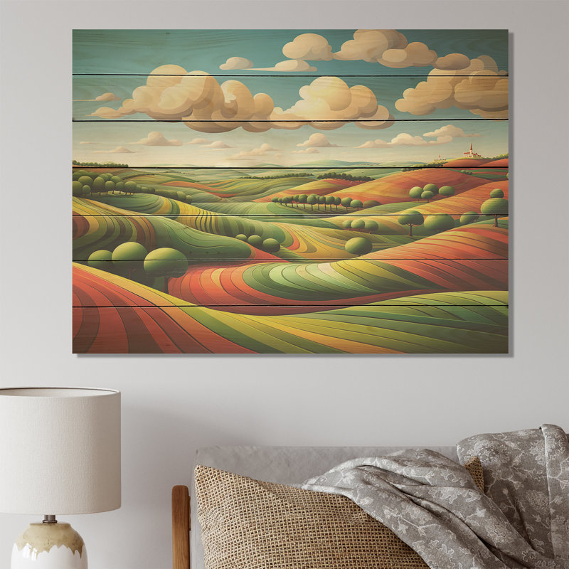 Paysage de ferme audacieux multicolore I - prairie sur bois, H 24 po x l 32 po