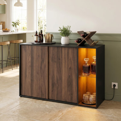 Armoire de rangement avec assemblage sans outils Superfast - Buffet décoratif avec éclairage et tablette en verre, buffet de salon, noyer naturel et noir ébène