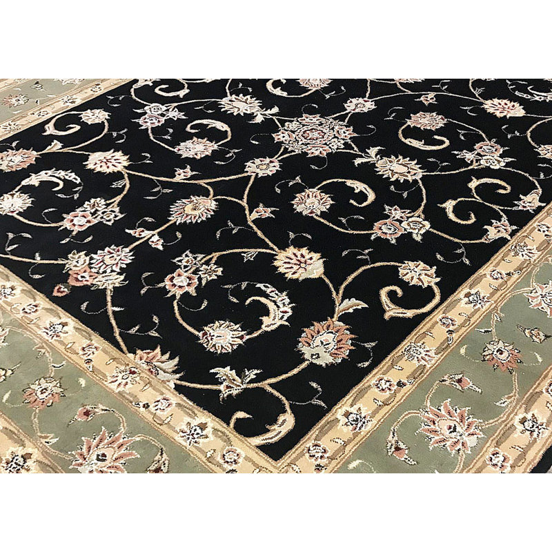 Hand-Knotted High-Quality Black and Green Area Rug