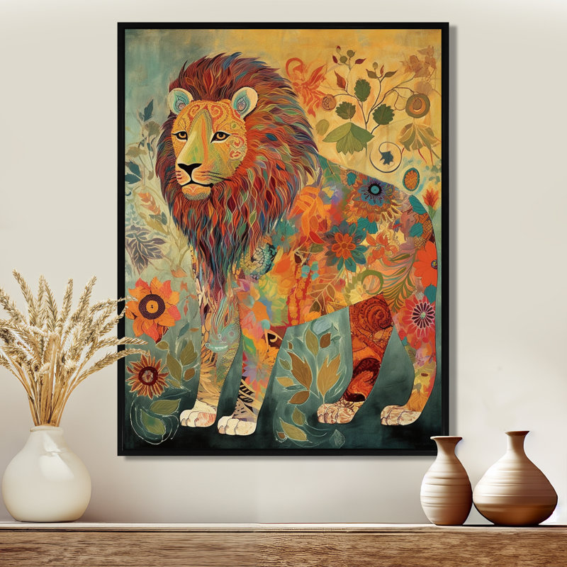 Lion boho fleuri, rétro, art mural lion, salon, H 20 po x l 12 po, Toile flottante noire encadrée