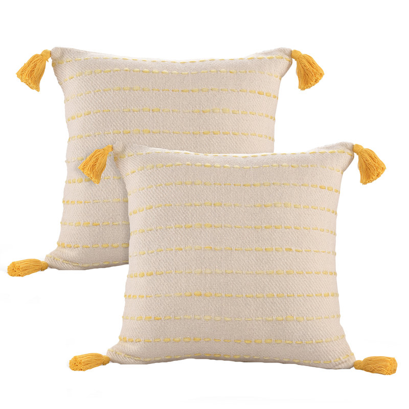 Housse de coussin décorative Fablewyn à bordure, contemporaine, faite à la main, 100 % coton, Yellow/Ivory