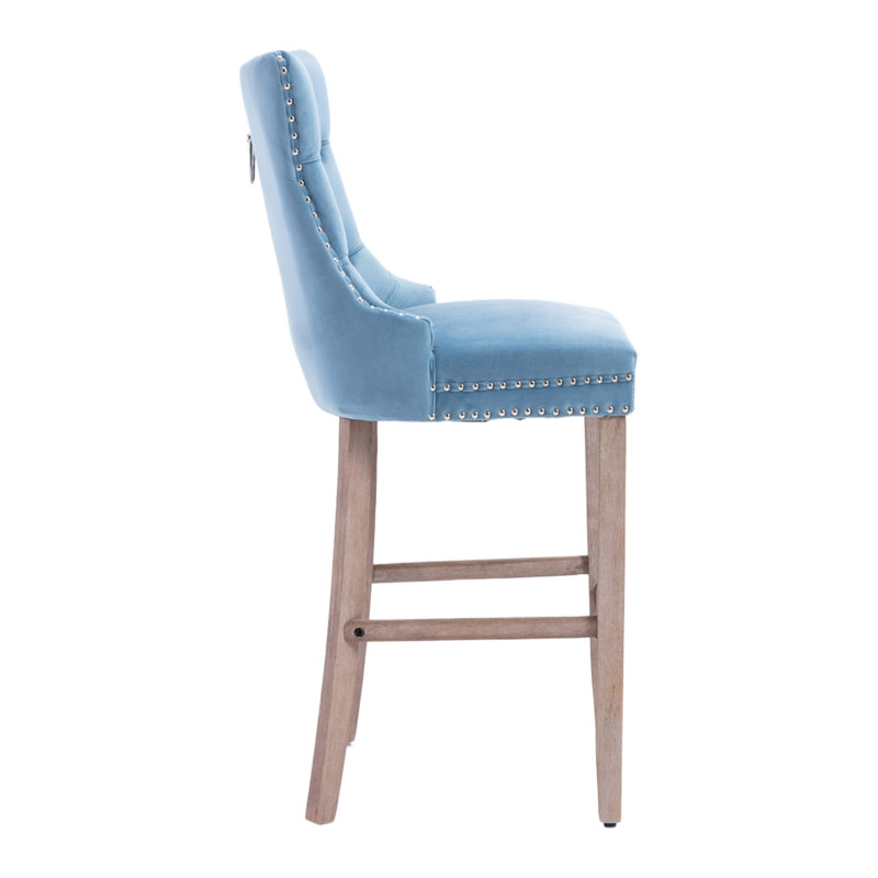 Sky Blue Velvet Upholstered Counter Stools with Wood Legs, Set of 4