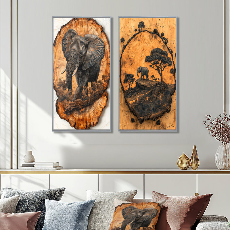 Éléphant sous le baobab, glissade sur bois I - animaux, collection d'art mural, 2 pièces, H 28 po x l 25 po