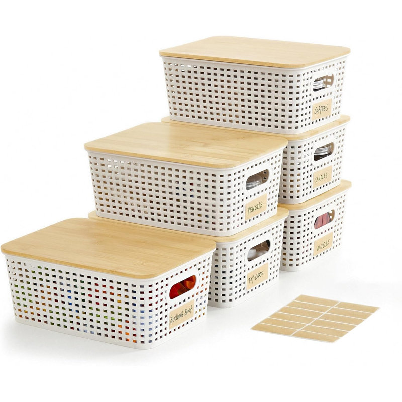 Boîtes de rangement en plastique avec couvercles en bambou, 5,2 pintes, empilables, paniers, contenants décoratifs pour garde-manger, jolis avec étiquettes, blanc crème, lot de 6