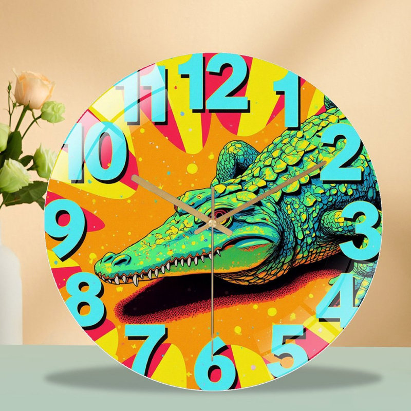 Horloge murale crocodile colorée avec art unique - horloge murale moderne en verre 12 po