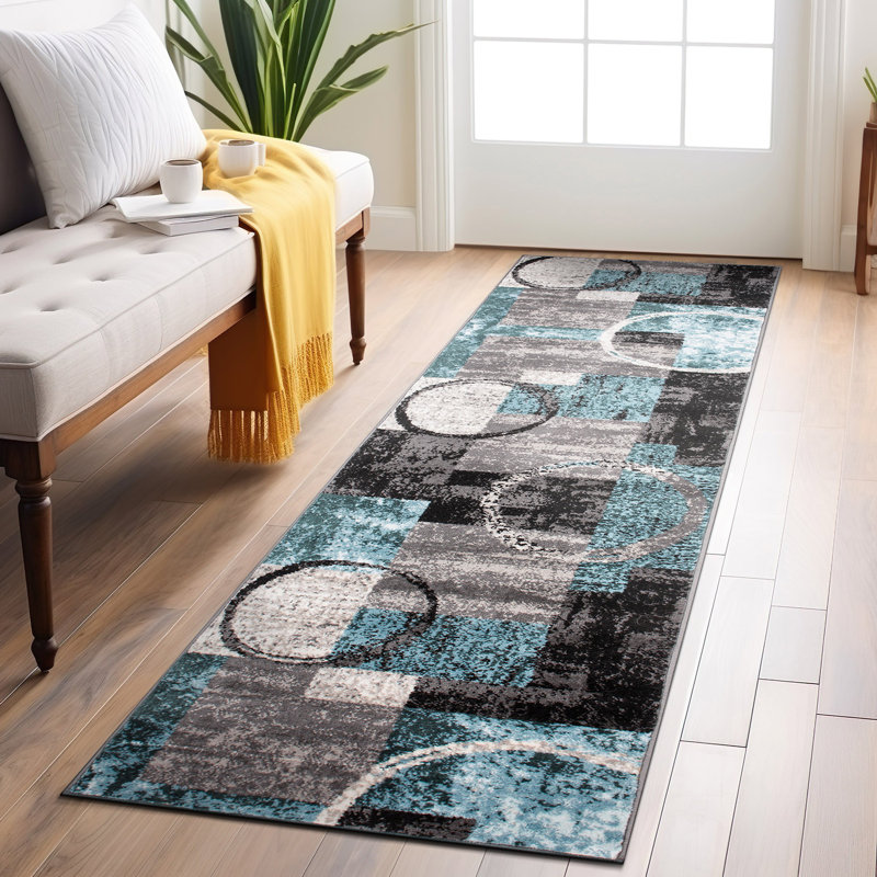 Tapis moderne performance gris, ivoire et bleu à motif abstrait Fanton, Tapis de couloir 2 pi 7 po x 8 pi, Bleu/gris