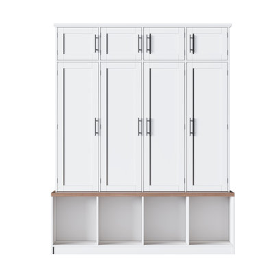 [Assembly Video] Farmhouse Hall Tree With 4 Hidden Hanging Hooks, Versatile Walnut Seating Bench With 8 Doors, Entryway Shoe Cabinet With Open Compart