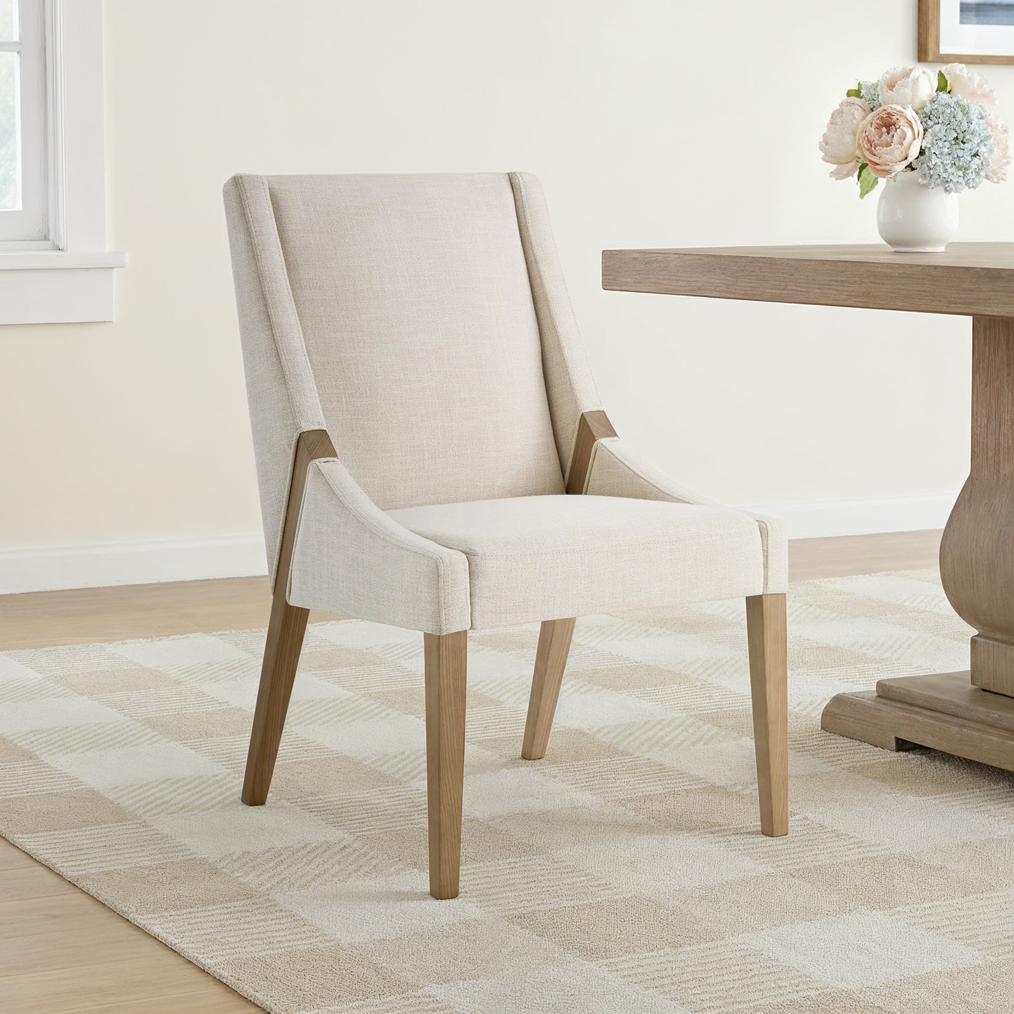 Annie Upholstered Dining Chair, Effie Linen Performance Linen, Natural Wood
