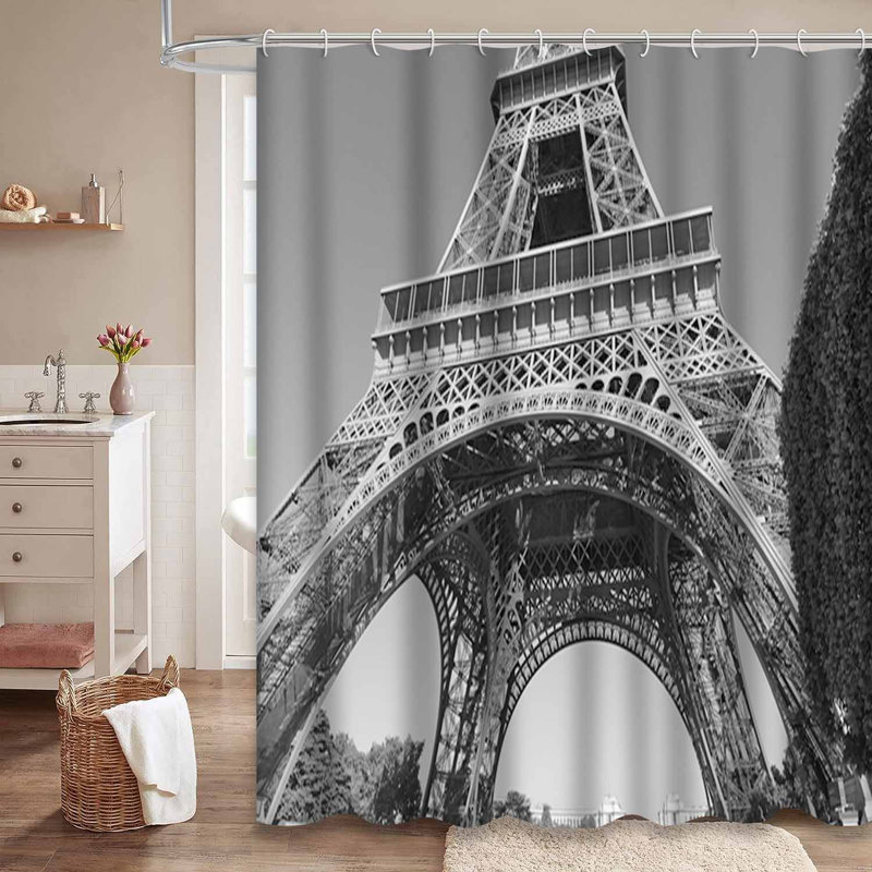 Rideau de douche gris avec 12 crochets Tour Eiffel Paris, L 72 po x l 84 po