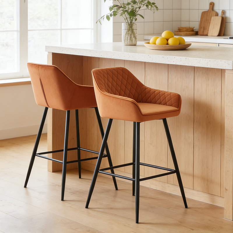 Velvet/Suede Upholstered Bar Stools with Armrests & Diamond Tufting, Velvet Orange