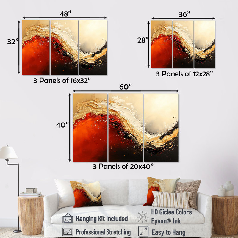 «Red and Golden Desert Wave I», ensemble d'art mural abstrait, H 40 po x l 60 po, Toile tendue, Ne s’applique pas