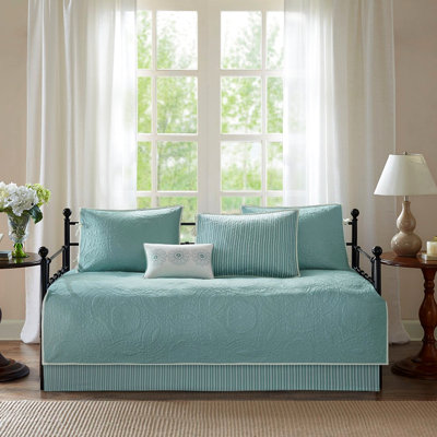 6 Daybed Cover In Blue, Twin Size, Reversible With Medallion Design, Includes Cover, 15-Inch Drop , 3 Shams, Pillow Blue , 6 Piece, Reversible, Mattress, 17-Inch Drop, And 12X18