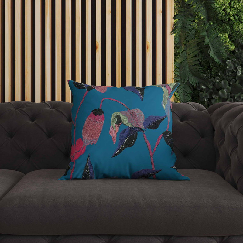 Coussin intérieur / extérieur Nature's Emb broderie, Bleu / Rose, Carré 18 po