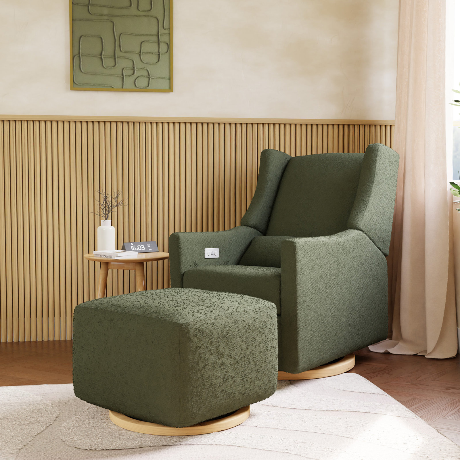 Kiwi Gliding Ottoman, Olive Boucle, Natural
