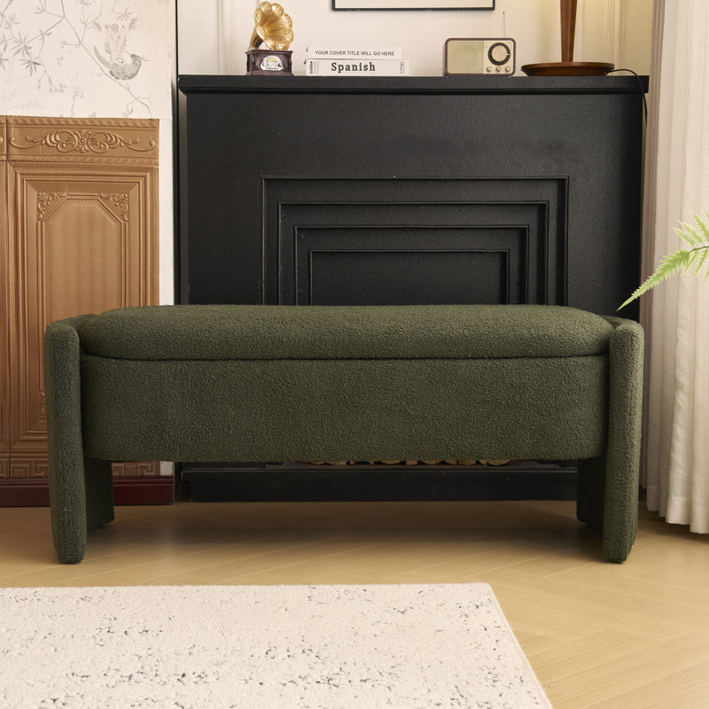 Elegant Dark Green Boucle Long Storage Ottoman Bench