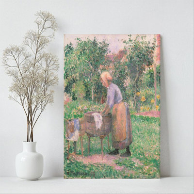 2D Flat, 1Pc Framed Canvas Wall Art, Rural Women Washing Clothes, Garden Scene, Impressionist Style Art Print Canvas Poster Painting Room Wall Decor, Ideal Gift For Bedroom Living Room Hallway Dorm, Ready To Hang
