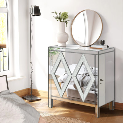 Storage Cabinet With Mirror Trim And Diamond Shape Design Spliced Combination For Living Room, Dining Room, Entryway, Kitchen