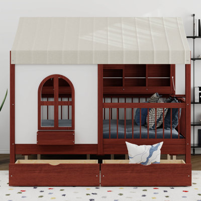 Lit maison avec 2 grands tiroirs, bibliothèque latérale, tente, fenêtre, lit Montessori en bois avec garde-corps