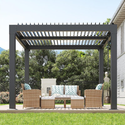 Remises de jardin à persiennes pour la cour arrière avec pergola, pergola d'extérieur avec toit à persiennes réglable, système de drainage intégré, structure, pavillon de jardin à toit rigide pour terrasse, terrasse, 