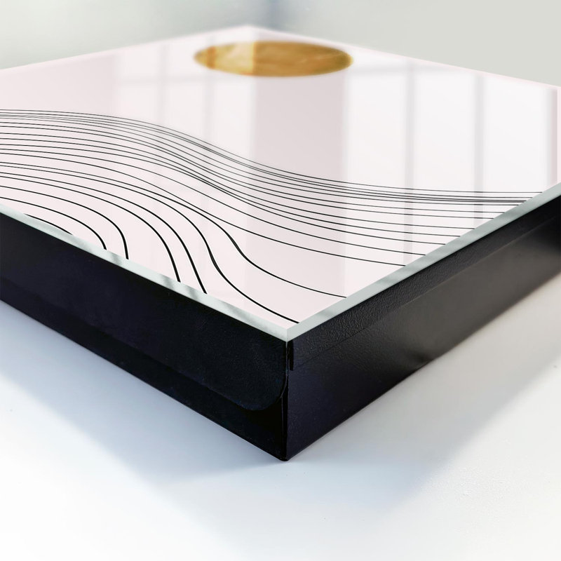 Decorative key box for wall, Opens to the left, 30x30x5, Black, Minimalist lines and a warm circle on a light background, 