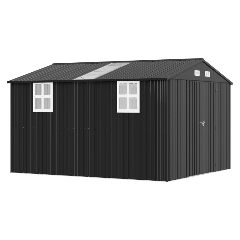 AMERLIFE 10.1x11.5x7.4 FT Galvanized Steel Storage Shed with 2 4-Pane Windows Hinged Double Doors, Outdoor Shed for Backyard, Garden, Patio, Dark Grey