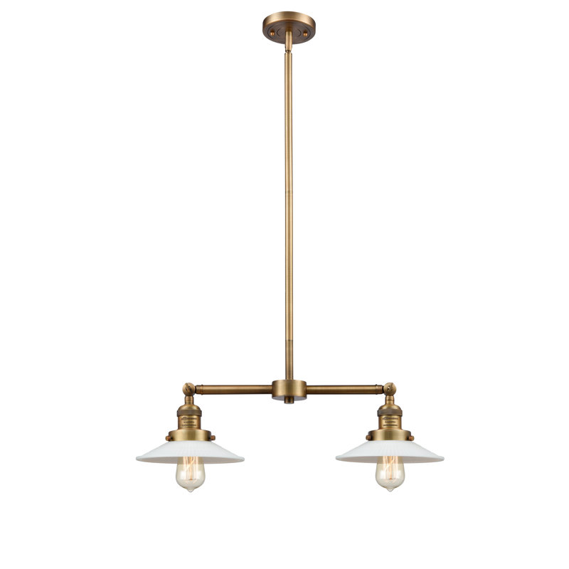 Luminaire suspendu linéaire à 2 lumières pour îlot de cuisine Miramontes, Matte White Halophane, Laiton brossé