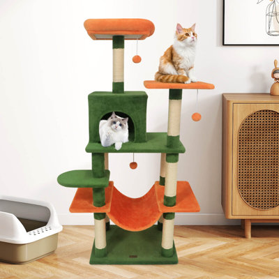 Arbre à chat de 58 po de hauteur à plusieurs niveaux avec perchoir et condo pour chat, vert hamac confortable + orange