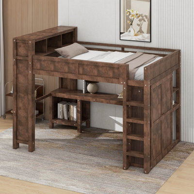 Lit mezzanine en bois avec garde-robe et bureau, tête de lit avec rangement et port USB