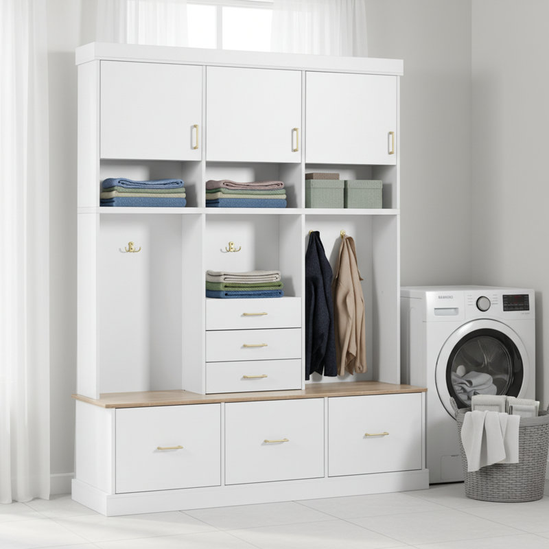 75" Garage Storage Cabinet with Bench and Coat Rack, 6-in-1 Entryway Hall Tree Organizer with Drawers and Cabinets, White