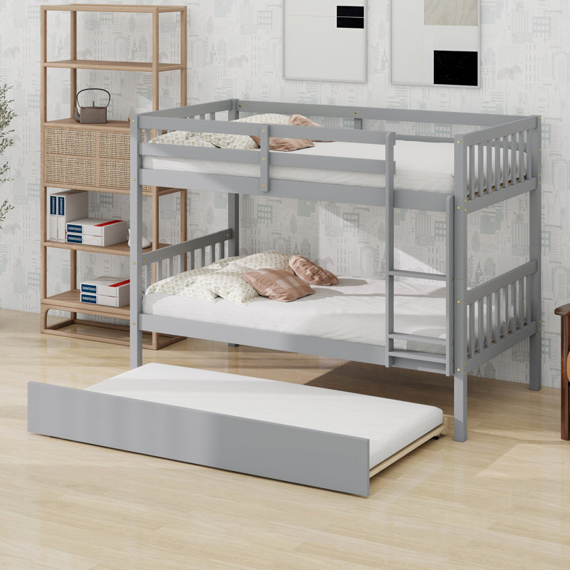 Rubber Wood Bunkbed With Trundle And Ladder,Convertible Into Two Beds, Gray