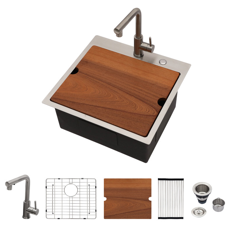 21"L x 20"W x 10"D Single Bowl Drop In Workstation 16 Gauge Stainless Steel Kitchen Sink with Faucet and Accessories