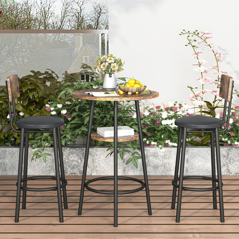 Rustic Brown Round Bistro Bar Table Set with Black Iron Frame
