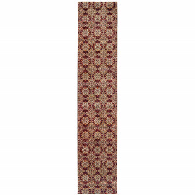 Tapis de couloir oriental rouge et doré 2 pi x 10 pi résistant aux taches