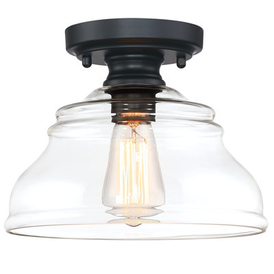 Industrial Semi Flush Mount Ceiling Light, Modern Clear Glass Light Fixture Farmhouse 10" Close To Ceiling Lights In Black Finish