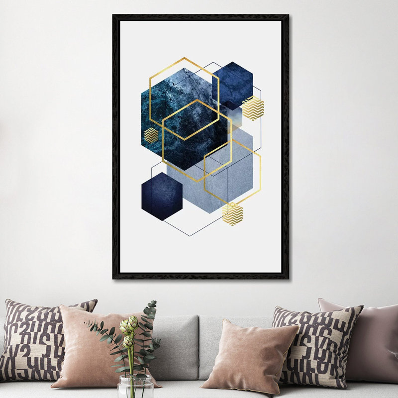Navy Gold Geo II by Urban Epiphany - Print on Canvas, Black Framed, 101.6 cm H x 66.04 cm W