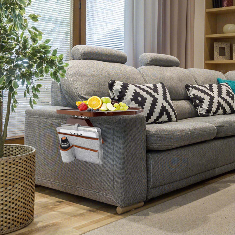 Sofa Arm Clip Table, Couch Arm Tray Table Wooden Side Tables For Wide Couches Armrest Table For Eating/Drinks/Snacks/Remote/Control (Brown+Bag)