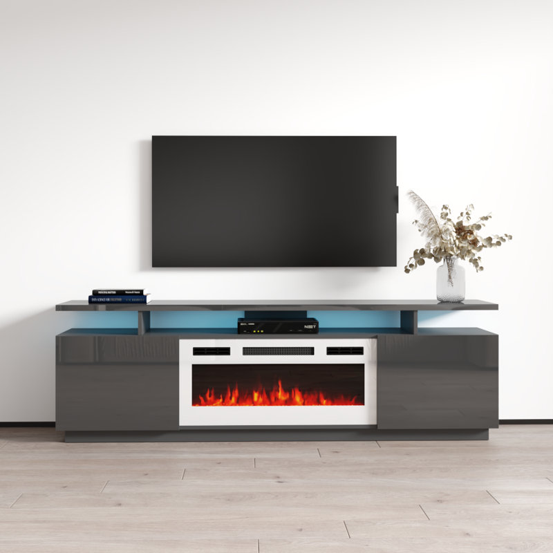 Meuble télé moderne avec foyer électrique 71 po Genoveva, Gris