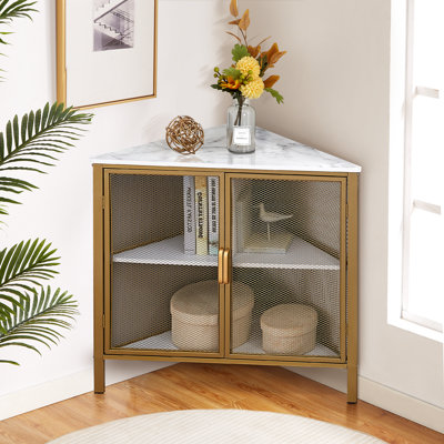 Kempst Corner End Table Shelf, 3-Tier Display Shelves with Protection Door, Metal Frame Storage Cabinet Org