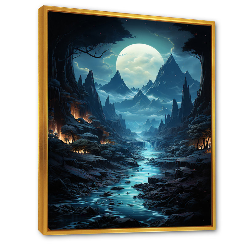 Blue Moon Mountain Landscape - impression, Cadre flottant doré, H 44 po x l 34 po x P 1,5 po