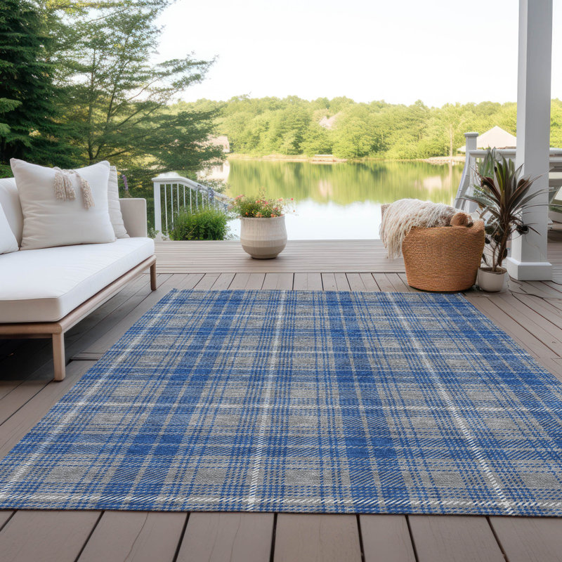 Gray and Blue Plaid Machine Washable Synthetic Rug