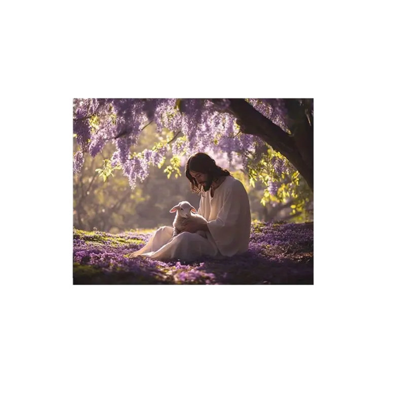 90*60 Flat Jesus And Lamb In The Flowers - Canvas Art Print | For Living Room.