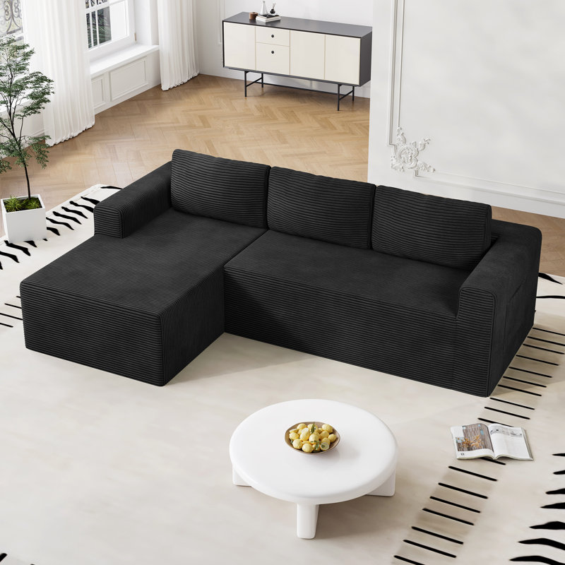 Modern 94.5inch Sectional L-Shaped Corduroy Sofa With Storage Pockets, Left Hand Facing, Corduroy - Black