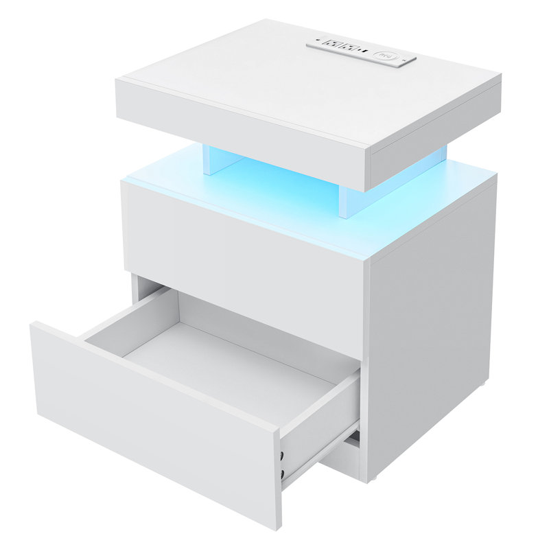 White High Gloss LED Nightstand with Wireless Charging and 2 Drawers
