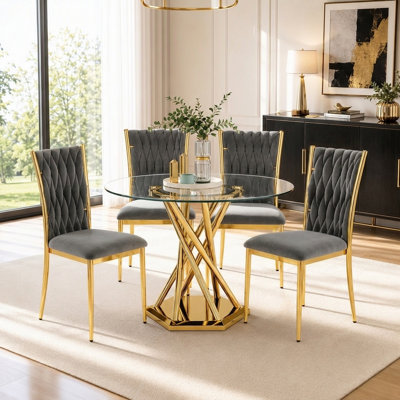 38.9" Round Glass Dining Table set for 4, 5-Pieces Round Dining Table Set, Clear Glass Dining Table set with 4 Velvet Upholstered Chairs, for Kitchen, Dining Room, Apartment