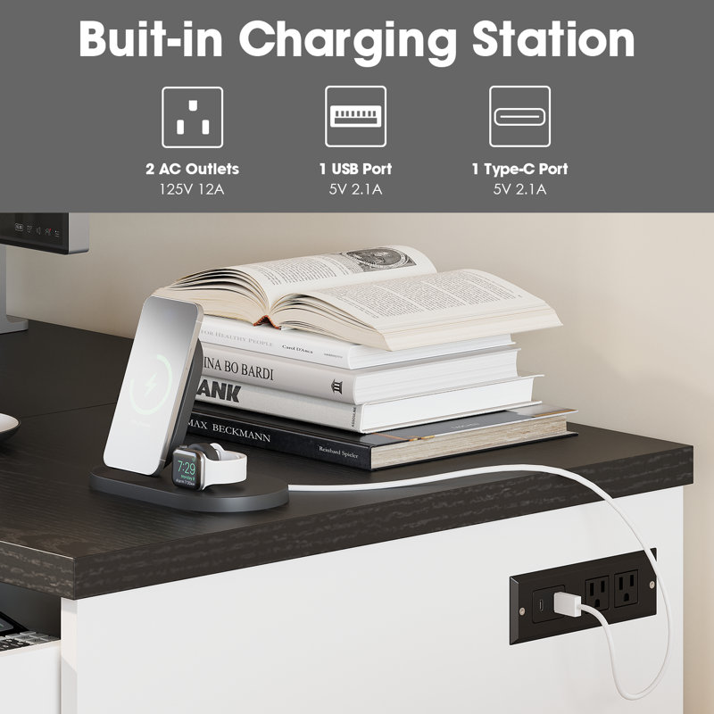 Office Executive Desk With 3-In-1 Charging Station & Adjustable Storage Cabinet