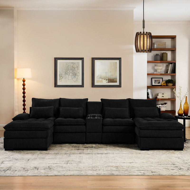 Akeyra Upholstered U Shaped Sectional Sofa with Console, Black Linen